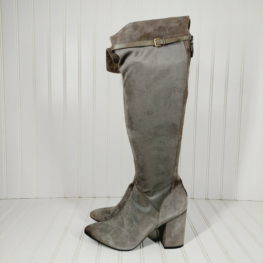 Cole Haan Darcia Gray Leather Back Zipper Block Heel Over the Knee Boots H609